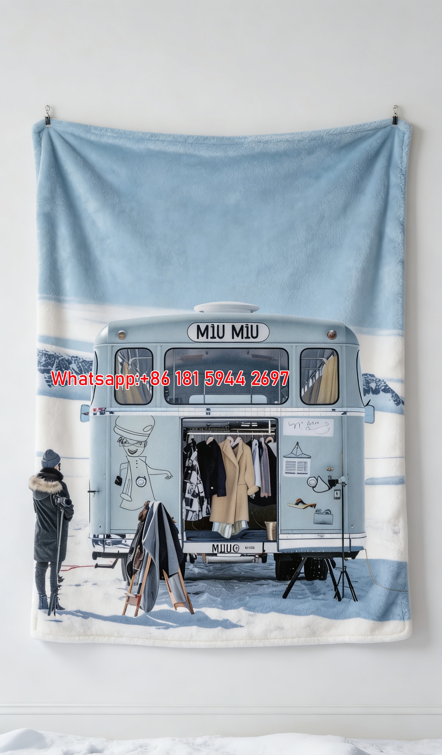 Miu Miu Snowy RV Print Flannel Throw Blanket Pale Baby Blue Vintage Van in White Snow Winter IMG_0428